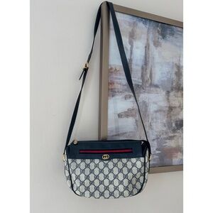 Authentic Vintage Gucci Web Navy Monogram Canvas Leather Crossbody Bag